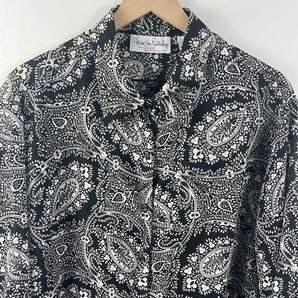 Diane Von Furstenberg Paisley Black White Button Up Top Womens Size 1x/2x - Picture 4 of 10